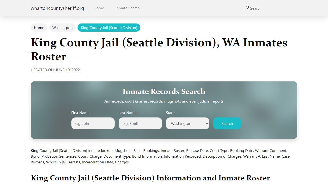 King County Jail (Seattle Division) , WA Inmates Roster